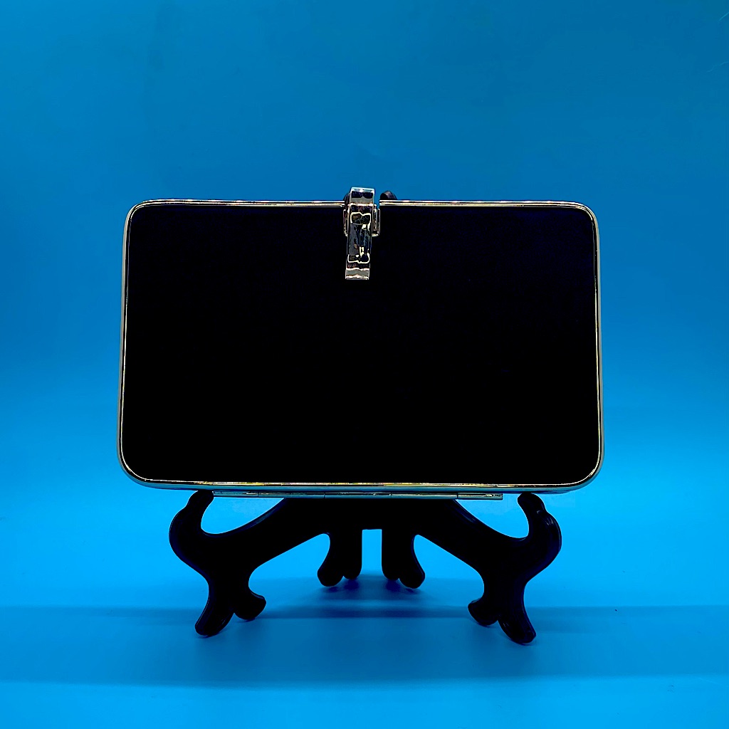 Vintage Sasha Satin Box Clutch With Silver Details And Clamp Closure